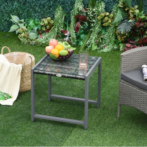 Mesa de jardín exterior 50 x 49,5 x 50 cm de poliratán, vidrio templado y aluminio gris DESVIAE (1/5)