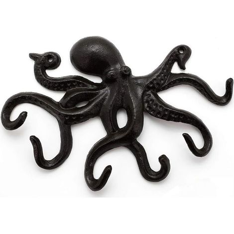 Dekorativer schwarzer Wandhaken aus Gusseisen in Form eines Oktopus im Vintage-Stil (1/5)