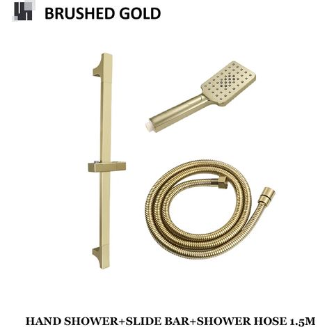 Ensemble de 3 pièces (Or brossé) : Barre de douche réglable murale avec flexible de douchette, accessoires de salle de bain, finition or et noir. (1/5)