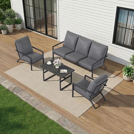 YODOLLA 5 Seater Outdoor Garden Furniture Set, 3-Seater Sofa & 2 Armchairs with Coffee Table, Dark Grey
