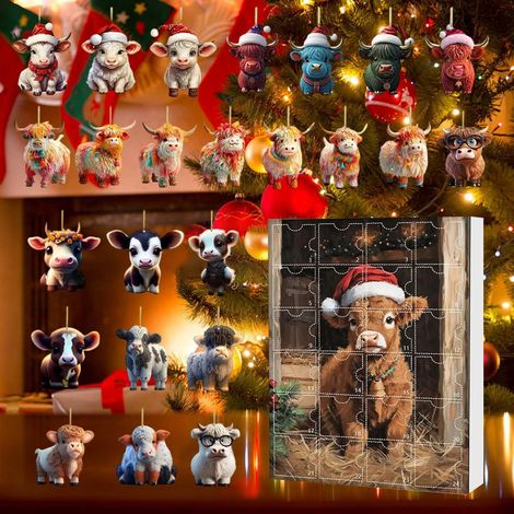 Calendrier De Lavent - Vache Des Highlands - 24 Compartiments - Décor Arbre De Noël - Ornement Accroche - 2025 (1/5)
