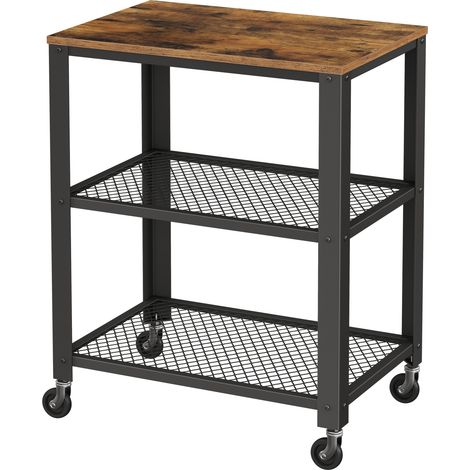 Vasagle – Chariot de service 3 niveaux en bois – Desserte de cuisine avec roulettes – Etagère de rangement robuste – Style vintage