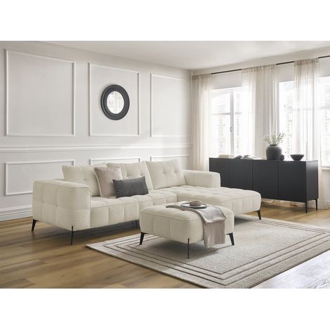 BOBOCHIC - Canapé d'angle fixe ANIS tissu bouclette avec pouf Angle droit  Beige