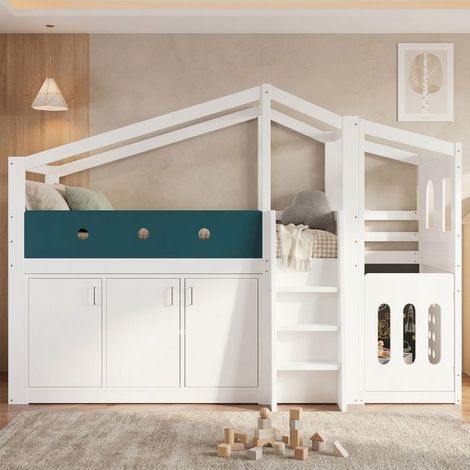 Lit Mezzanine Enfant 90 x 200 cm Lit Simple espace de jeu armoire de rangement structure en bois forme maison échelle gain de place (1/5)