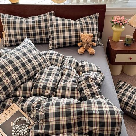 Housse de Couette 220x240 à Carreaux Noir Gris et 2 Taies d'oreiller 65x65 (1/5)