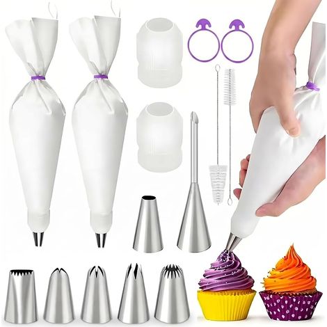 Kit Poche à Douille 15 Pièces, Comprenant 6 Douilles en Inox, Poches à douille en coton de 12 et 14 pouces, Lavable et Réutilisable pour Deco Gateau, Cupcake, Pâtisserie (1/5)