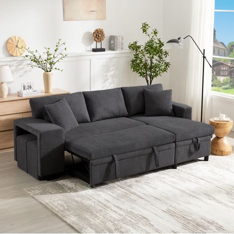 Sofá cama rinconero 231x131.5x84 cm gris en pana con almacenaje, USB y estantería lateral (1/5)
