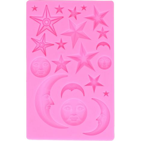 Molde de silicona con forma de estrella y luna, ideal para pasteles de chocolate, fondant y repostería casera (ROSA). (1/5)