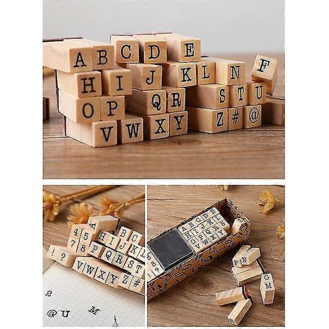2sets Alphabet Stamps Vintage Wooden Letter Number Stamp Set avec tampon encreur noir pour la fabrication de cartes Pla (1/5)