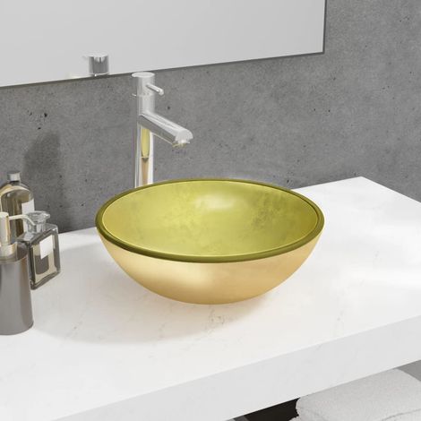 Vasque à poser, Lavabo de salle de bain, Bac à laver Verre trempé 35x12 cm Doré IKJ97402 (1/5)