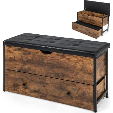 COSTWAY Schuhbank mit Sitzkissen, 2 Schubladen, Rollen, Sitzbank gepolstert mit Schutzhüllen, Verstellbarer Fußstützen, aufklappbare Schuhregal mit Stauraum, bis 150kg, 101 x 41 x 58 cm (1/5)