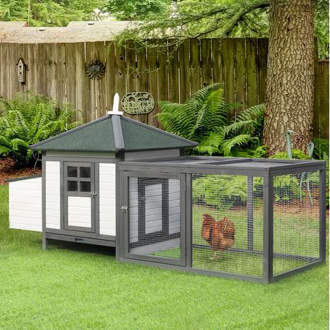 Pollaio per galline nane 196x76x97 cm in legno grigio/bianco con recinto esterno – MEUBLIV (1/5)