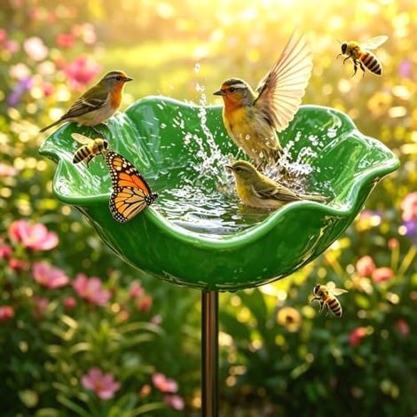 Piquet de jardin en métal fait main : abreuvoir amovible pour oiseaux et pollinisateurs - mangeoire à papillons et bain d'abeilles antirouille pour jardin ou terrasse (vert) (1/5)