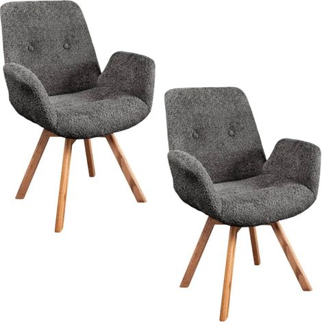 Lot von 2 SORRANO Designstühlen, 360° drehbar, in dunkelgrauem Bouclé-Stoff und mit hellen Eichenfüßen (1/5)