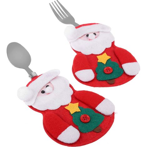 Porte-Couverts de Noël, 2pcs Couteaux Fourchettes Cuillère Mignon Costume de Père Noël Sac de Vaisselle, Décoration de Table de Cuisine pour la Fête de Noël Anniversaire (1/5)