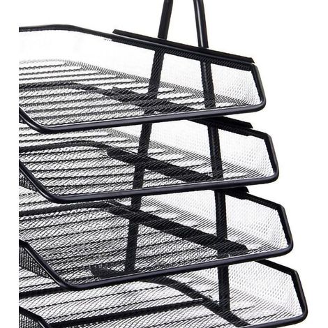 Classeur de bureau 4 compartiments, grille métallique durable, montage facile, organisateur de documents avec coin triangulaire, noir, pour bureau à domicile (1/4)