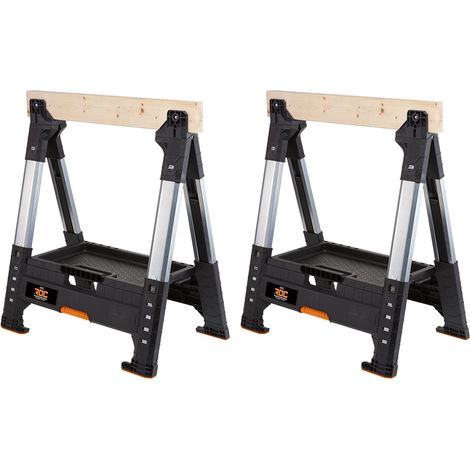 Keter – Lot de 2 tréteaux ajustables 1360Kg – 4 pieds réglables en hauteur – Rail en bois amovible – Pour surfaces à plusieurs niveaux (1/5)
