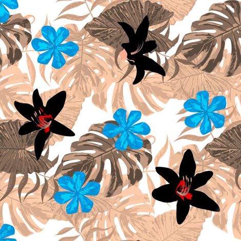 Tela decorativa para exteriores Oxford - motivo de flores negras sobre hojas de palmera I DR189 (1/5)