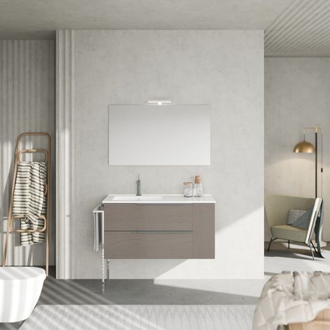 Mueble De Baño Suspendido De 100Cm Gris Efecto Madera Con Lavabo Izquierdo New York (1/5)