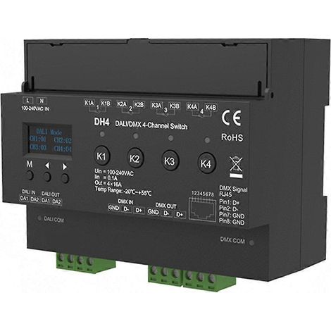 Commutateur DMX 4 canaux avec écran OLED, relais 4 canaux à contacts secs, 4 adresses, montage sur rail DIN, alimentation 100-240 V CA. (1/5)