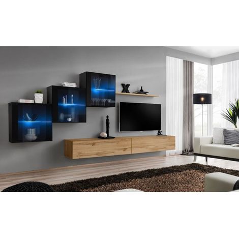 Ensemble mural - Switch XX - 3 vitrines - 2 bancs TV - 1 étagère - Bois et noir - Modèle 2 - Livraison gratuite