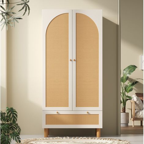 Armario 180,5x85,5x52 Cm Blanco Estilo Campo Ratán Amarillo Y Gran Cajón (1/5)