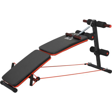 Banc de musculation abdominale avec cordes élastiques, banc d'exercice multifonctionnel, réglable et pliable, capacité de charge 110 kg, acier, noir et rouge, 137 x 51 x 50-66 cm (1/5)