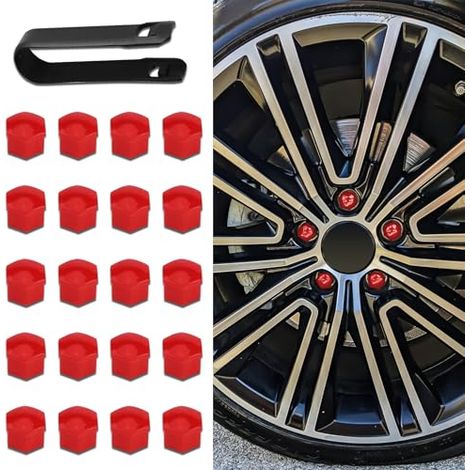Lot de 20 cache-écrous de roue hexagonaux de 17 mm avec outil de démontage - Décoration de voiture - Universels pour la plupart des voitures (rouge) (1/5)