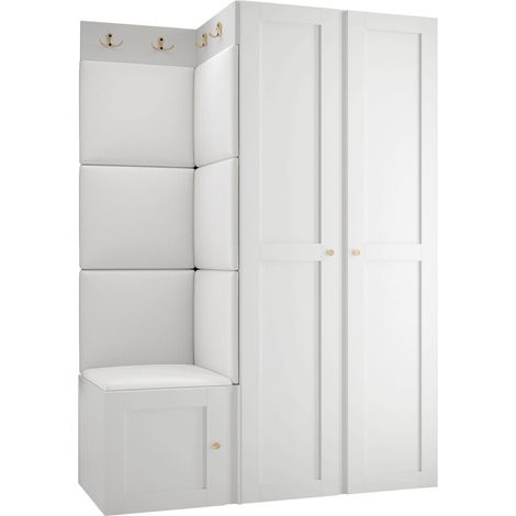 Meuble d'entrée Hartford 379, Blanc, 186x116x46cm, MDF, Stratifié, Faux cuir, Murale, À poser