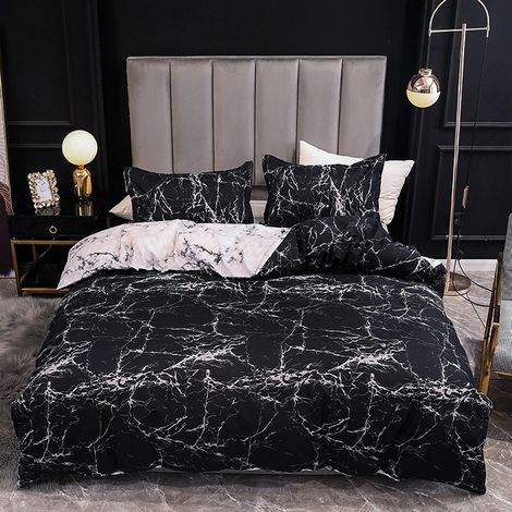 Linge de lit en coton 135x200 cm, parure de lit réversible 2 pièces avec motif marbre noir, housse de couette douce avec fermeture éclair et 2 taies d'oreiller 50x75cm (1/5)