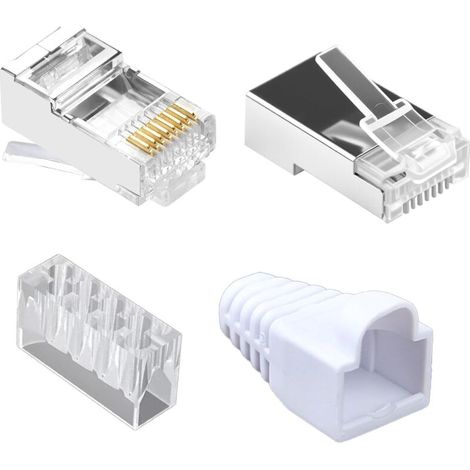 Lot de 20 Connecteurs Réseau RJ45 CAT6 Blindés à Sertir, RJ45 Connector Ethernet LAN, Compatible con Câbles CAT5e 6 6A, Fiches Réseau Standard avec Protection Anti-Torsion (1/5)