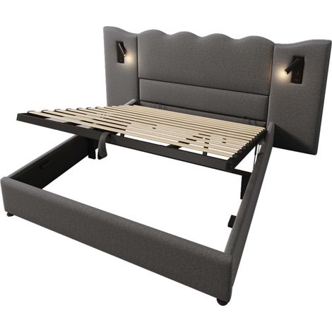 Letto matrimoniale 180x200 con lampada e ricarica USB-C, contenitore grigio in lino (1/5)