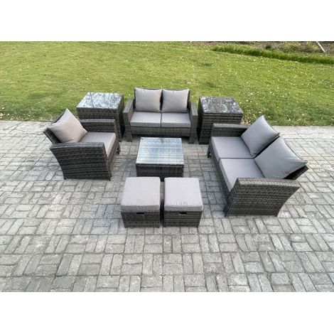 Fimous 7 Seater Outdoor Rattan Garden Furniture Set Conservatory Patio Sofa Coffee Table Set with Chair 2 Side Tables 2 Small Footstools Dark Grey Mixed (1/5)