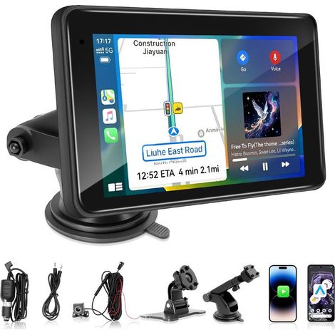 CarPlay Écran de voiture Android sans fil 7" avec écran tactile, caméra de recul, écran IPS, Bluetooth, Mirror Link, FM/AUX, Siri, pour toutes les voitures (1/5)
