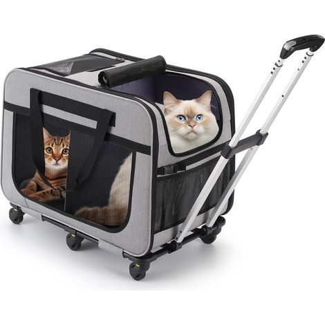 Sac de Transport pour 2 Chats, 6 Roues, jusqu'à 20 kg, Gris, XL Cloison amovible, Système trolley détachable, Utilisation sac ou chariot, 2 attaches de sécurité (1/5)