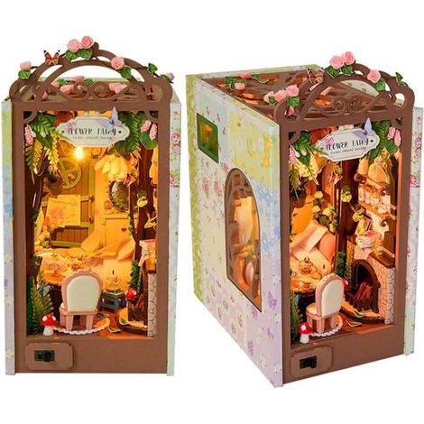 Coin lecture Puzzle 3D en bois Maison de poupée avec serre-livres LED à monter soi-même Loisirs créatifs, passe-temps, cadeaux (Maison de fées fleurie) (1/5)