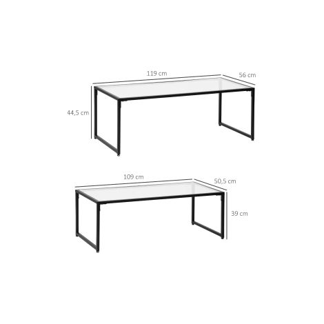 Ensemble de 2 tables basses gigognes noires en verre et acier avec plateaux superposables et design gain de place pour salon et (1/5)