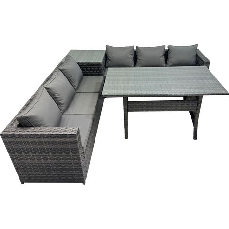 Fimous 6 Seater Outdoor Corner Sofa Dining Table Set Garden Rattan Furniture Set with Side Table Dark Grey (1/5)