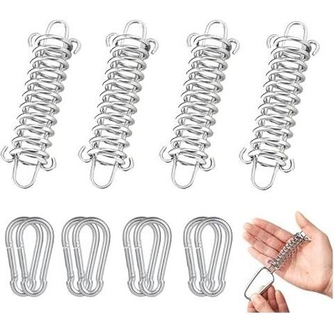 Molla di ormeggio. Tenditore con doppio gancio. Anello di tensione. 4 molle elicoidali. 8 moschettoni. Per tenditore di funi di tenda, veranda o tiranti. Adatto per tende e verande. (1/5)