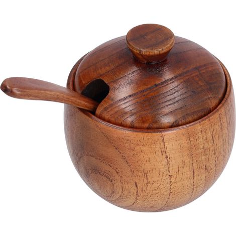 Pot à épices ménager avec couvercle cuillère, récipient à sel en bois pour la cuisine et le restaurant (1/5)