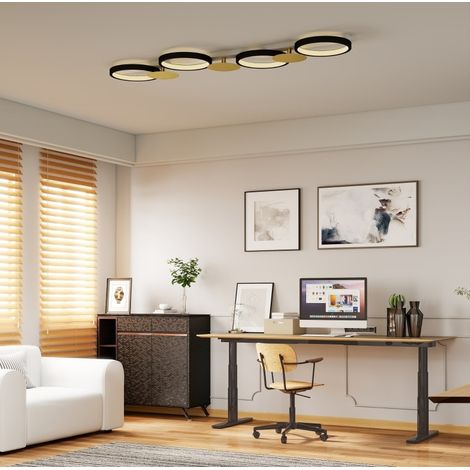 Lámpara de techo LED (100x31x7 cm), diseño moderno, regulable, cuatro aros, poliuretano negro y dorado (1/5)