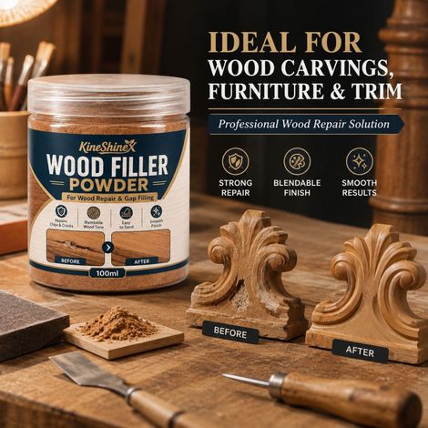 KineShineX Holzfüllerpulver 100 ml – Reparaturpulver für Risse, Löcher und fehlende Ecken in Holz – Möbel, Tische, Stühle und Holztüren (1/5)