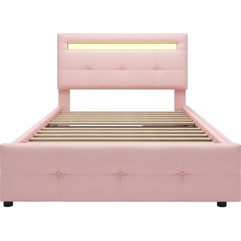 Cama tapizada 90 x 200 cm con LED, 2 cajones, beige rosa en lino, cama individual (1/5)