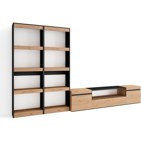 Skraut Home - Ensemble Meuble TV, Meuble Salon Complet, 320x186x35cm, Pour les TV jusqu'à 80", Salon Complet, Style moderne, Chêne et noir (1/5)