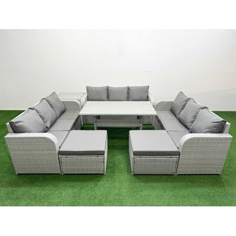 Fimous PE Rattan Lounge Sofa Set 11 Seater Outdoor Garden Furniture Set with Rectangular Dining Table 3 Seater Sofa 2 Big Footstools Side Table Light Grey (1/4)