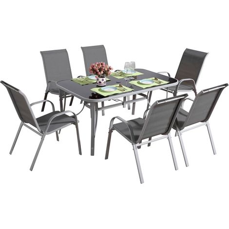 Habitat Et Jardin – Ensemble table et chaises de jardin 6 places – Textilène gris clair – Aluminium et acier – Plateau en verre dépoli 150x90cm (1/4)