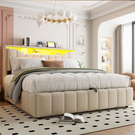 Lit coffre rembourré 180x200 cm avec rangement hydraulique, tête de lit ouvrante avec rangement, LED, USB/USB-C, lin durable - Beige (1/5)