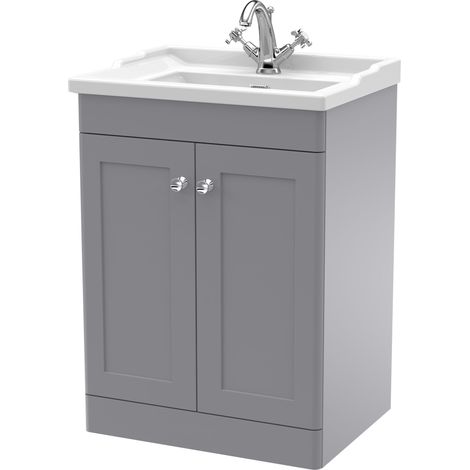 Nuie Classique Satin Grey 600mm 2 Door Vanity Unit and 35mm Profile Traditional Basin - CLC225F