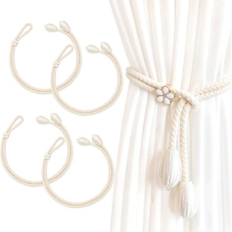 4pcs Embrasses de Rideaux, Embrasse pour Rideaux Grandes Perles, Embrasse Rideau Coton Faite à la Main, Embrasses à Rideaux, Cravates de Rideau, Embrasse Rideaux (Beige) (1/5)