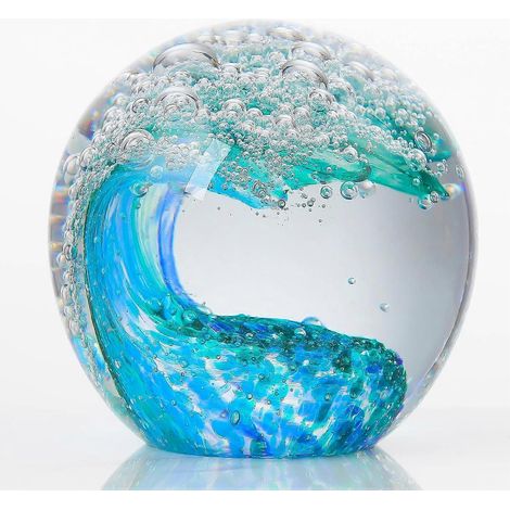 Boule en verre soufflé à la main, motif vagues océaniques, presse-papier en verre, objet de collection pour la décoration intérieure, décoration d'aquarium, décoration de bureau, or et bleu, pour les (1/4)